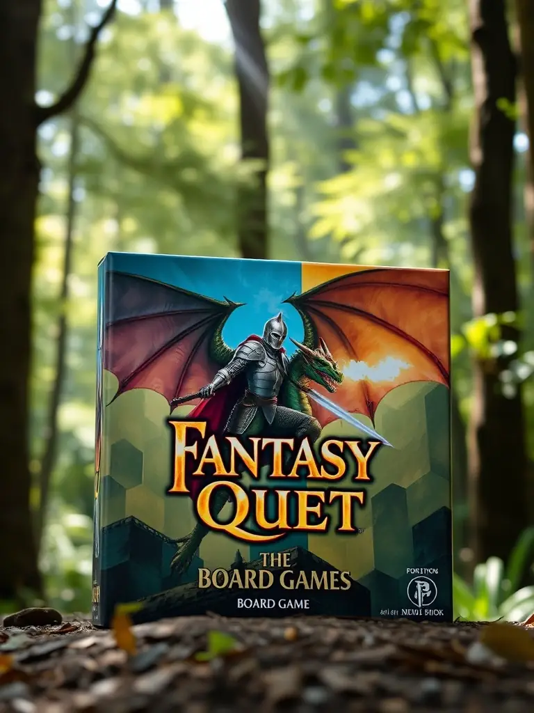 A high-quality photograph of the 'Fantasy Quest' board game box, showcasing its cover art with a knight and dragon, set against a backdrop of a mystical forest.