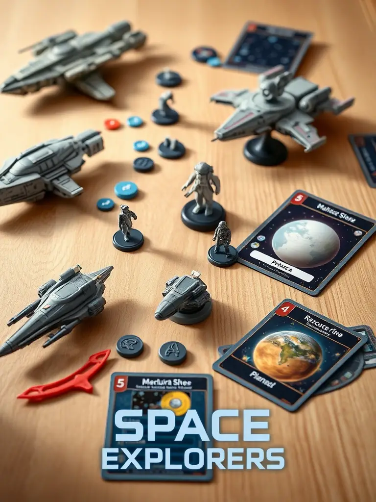 A visually appealing image of the 'Space Explorers' game components, including spaceship miniatures, resource tokens, and planet cards, arranged on a table.