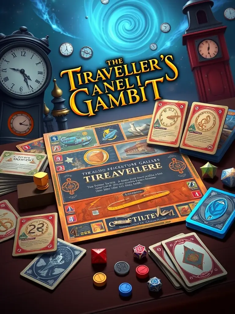 A visually appealing image of the 'Time Traveler's Gambit' game components, including the game board, cards, and tokens. The image should convey a sense of adventure and intrigue, with a focus on the time travel theme.