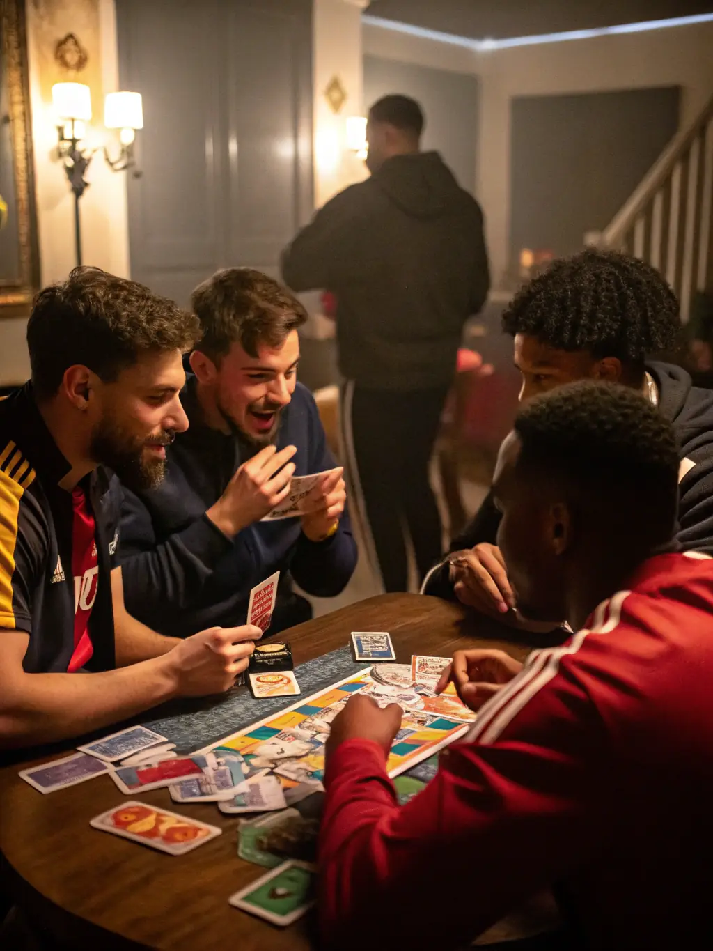 An action shot of players deeply engaged in a game of 'Elemental Clash', with cards spread out on the table and expressions of intense concentration on their faces. The background should be blurred to focus on the players and the game.