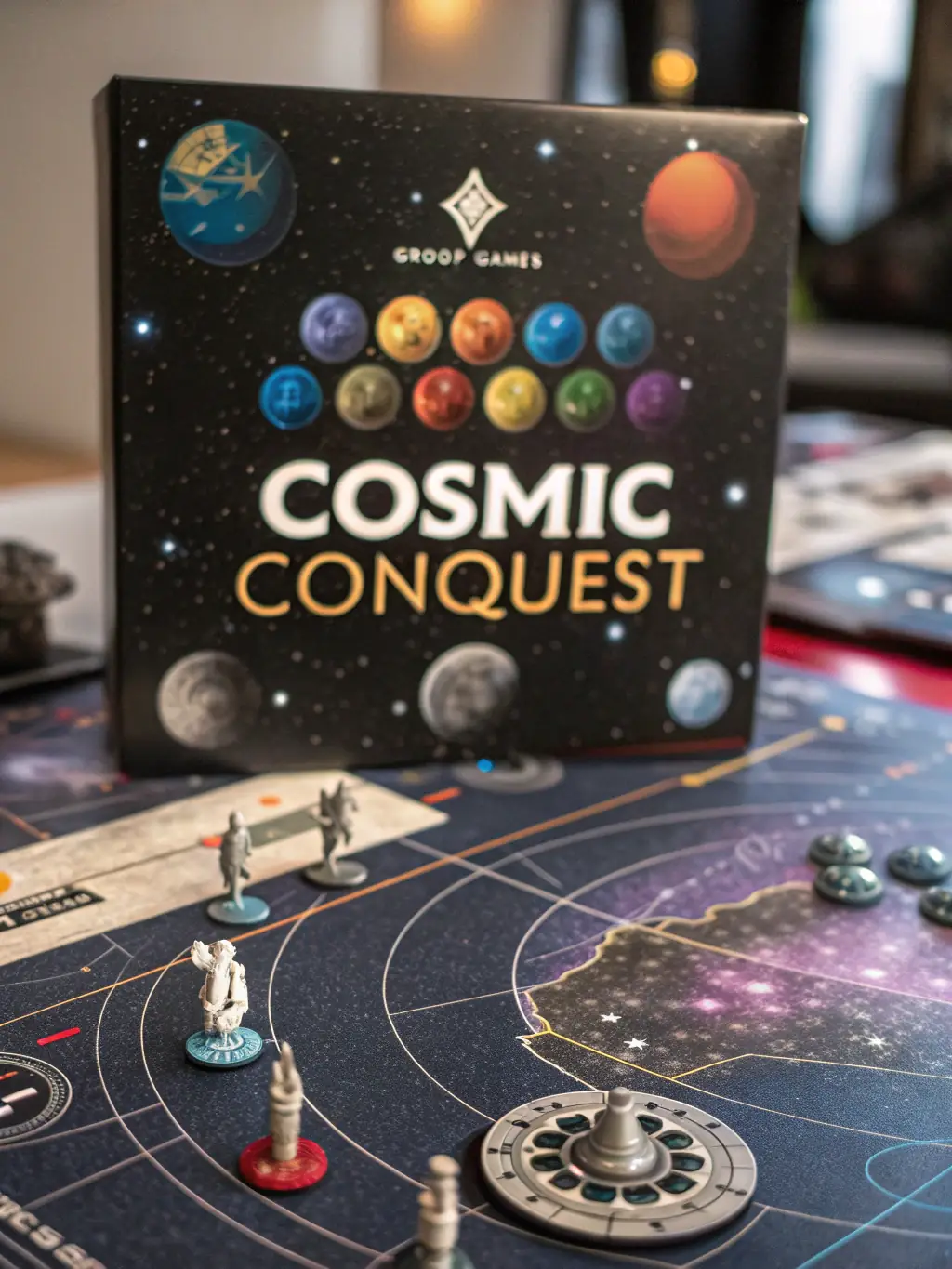 A close-up shot of the 'Space Explorers' game board, showcasing the intricate details of the galaxy map and the colorful spaceship tokens. The lighting should be dramatic to emphasize the cosmic theme.